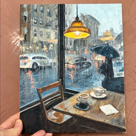 Other - Hand-Painted Cafe Rain Scene Canvas Art - Blue, Brown, Yellow